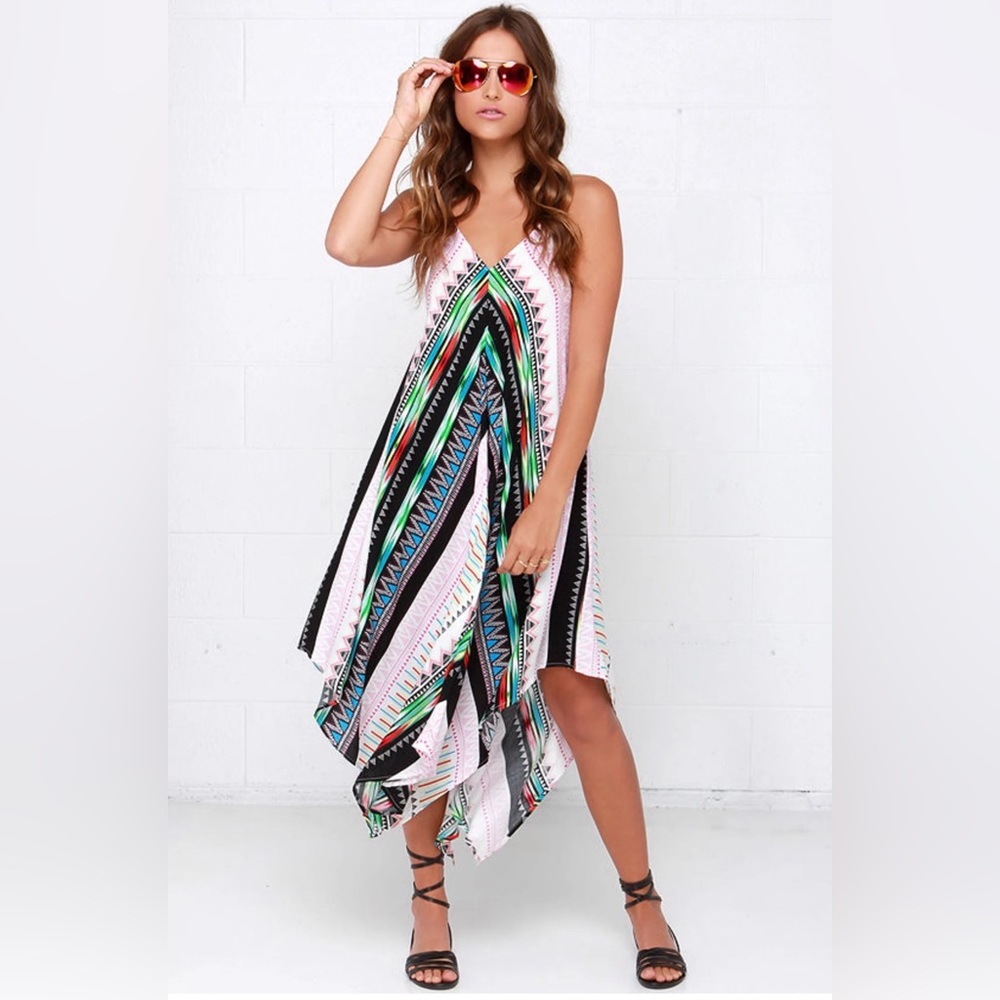 Asymmetrical Handkerchief Hem Dress in Black & Multi